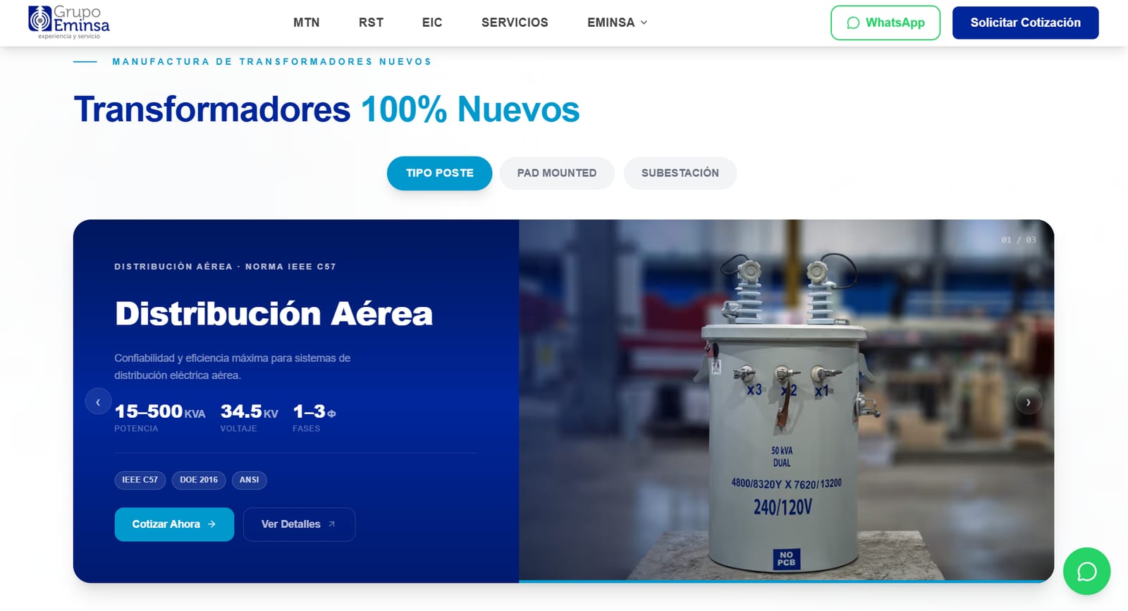 Catálogo de transformadores nuevos con especificaciones técnicas y cotización directa