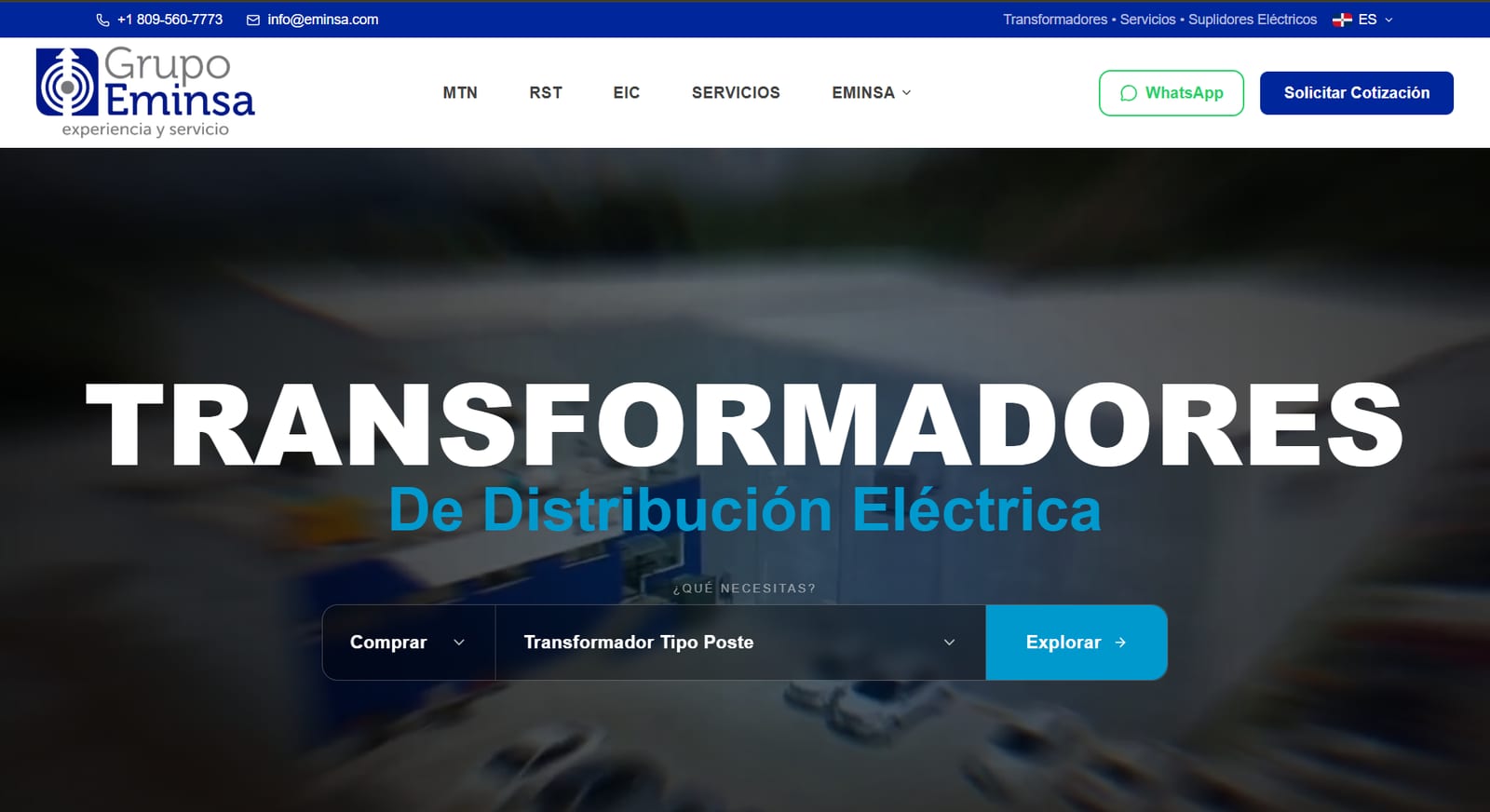Portada de Eminsa Web: transformadores de distribución eléctrica con buscador de productos