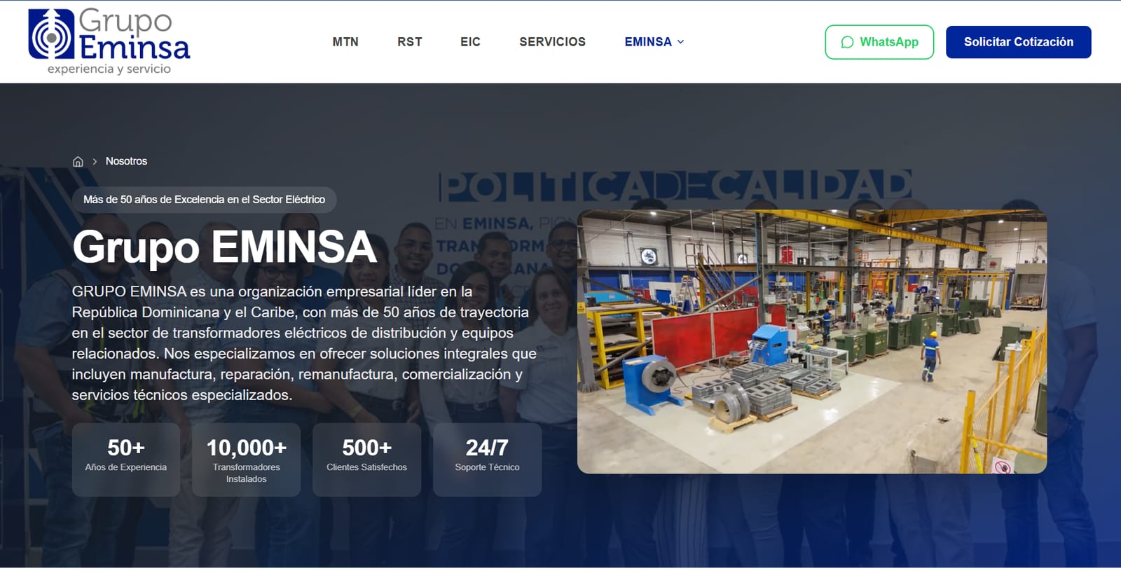 Página Nosotros de Grupo Eminsa con más de 50 años de experiencia y contadores de logros
